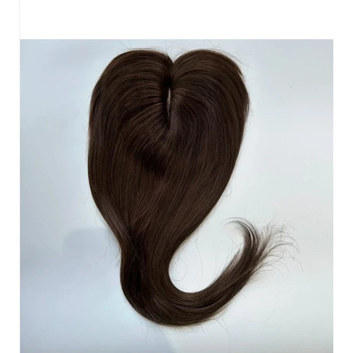 Colour 2 straight human hair topper top-side view; dark base and clips, 12 x 14 cm, 18 inch