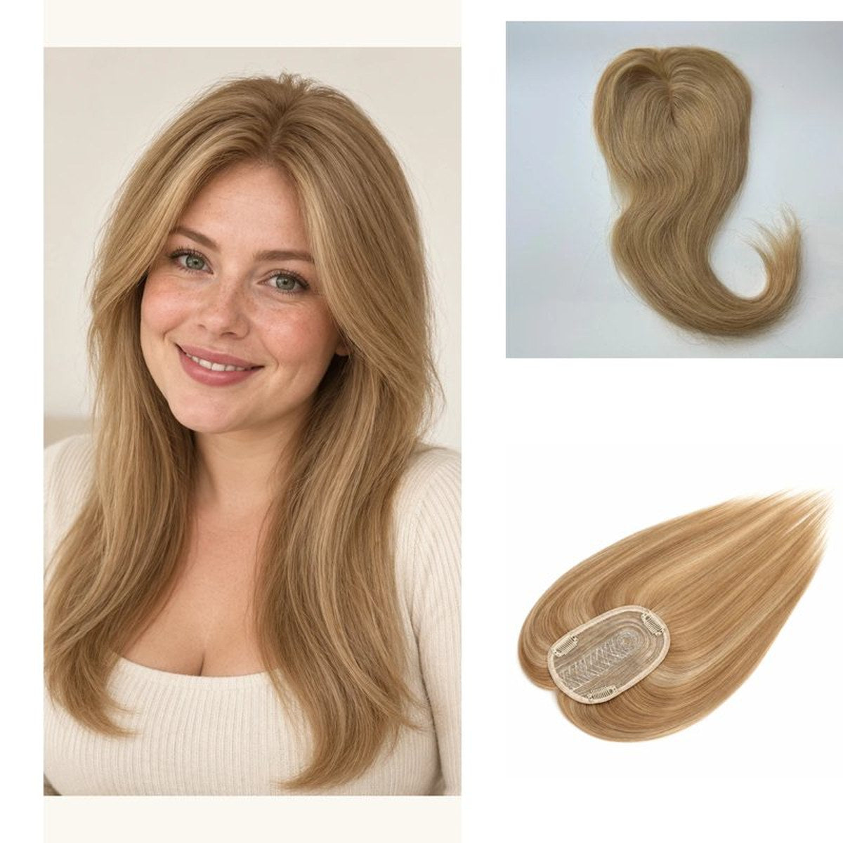 Colour 27 straight human hair topper model view; light base and clips, 12 x 14 cm, 18 inch