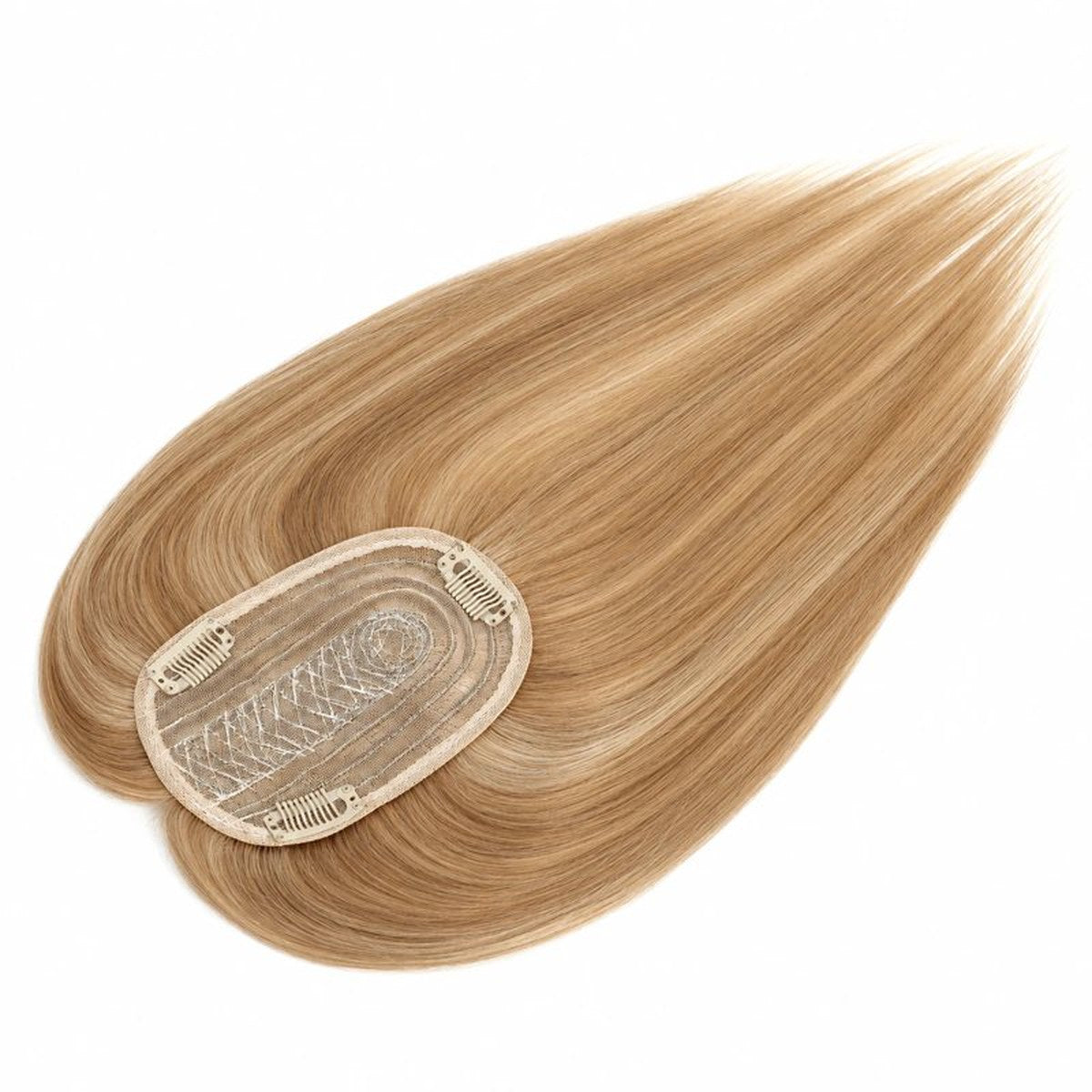 Colour 27 straight human hair topper underside view; light base and clips, 12 x 14 cm, 18 inch