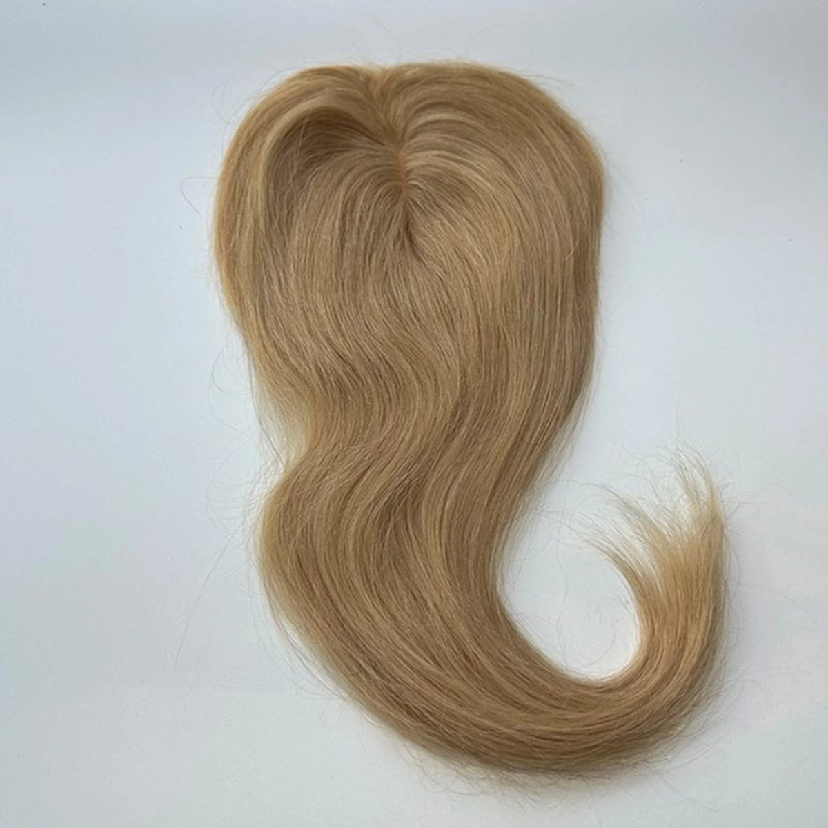 Colour 27 straight human hair topper top-side view; light base and clips, 12 x 14 cm, 18 inch