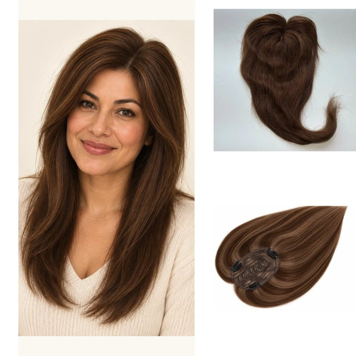 Colour 4 straight human hair topper model view; dark base and clips, 12 x 14 cm, 18 inch