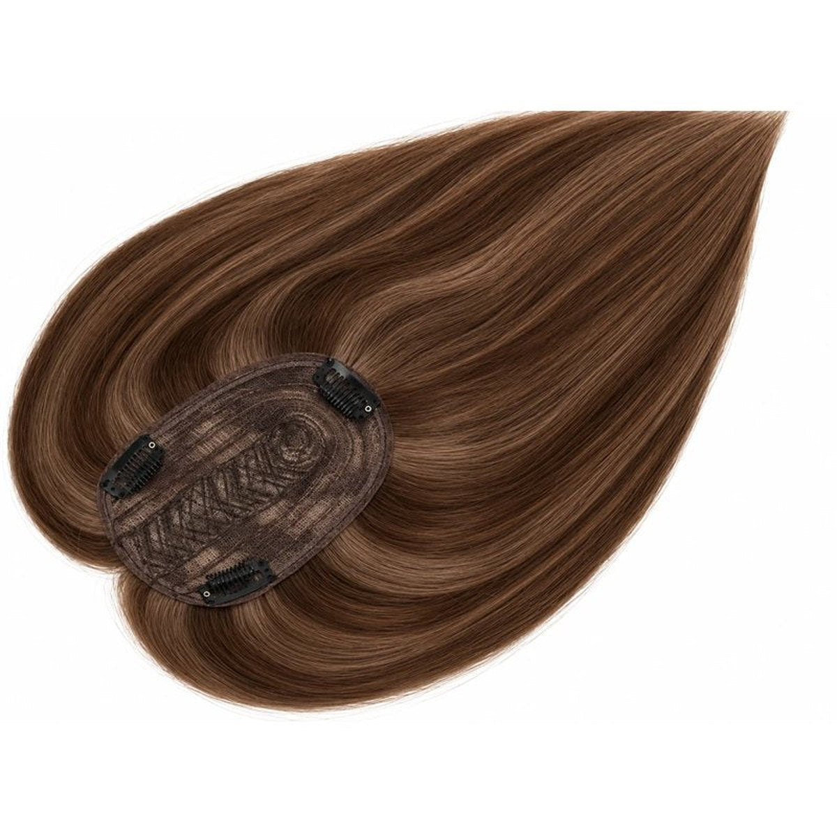 Colour 4 straight human hair topper underside view; dark base and clips, 12 x 14 cm, 18 inch