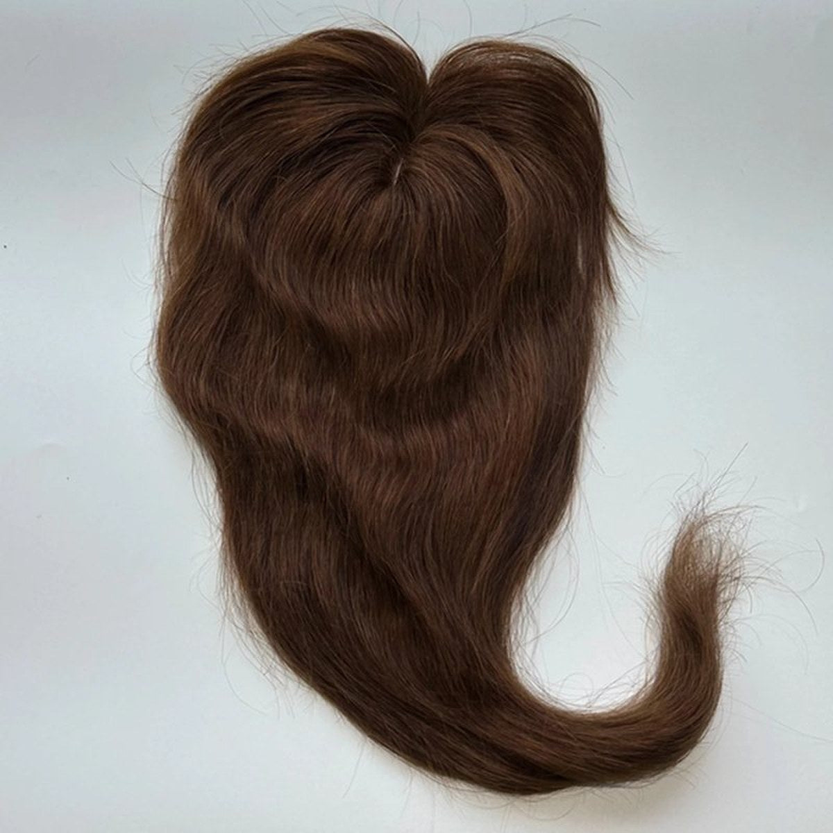 Colour 4 straight human hair topper top-side view; dark base and clips, 12 x 14 cm, 18 inch