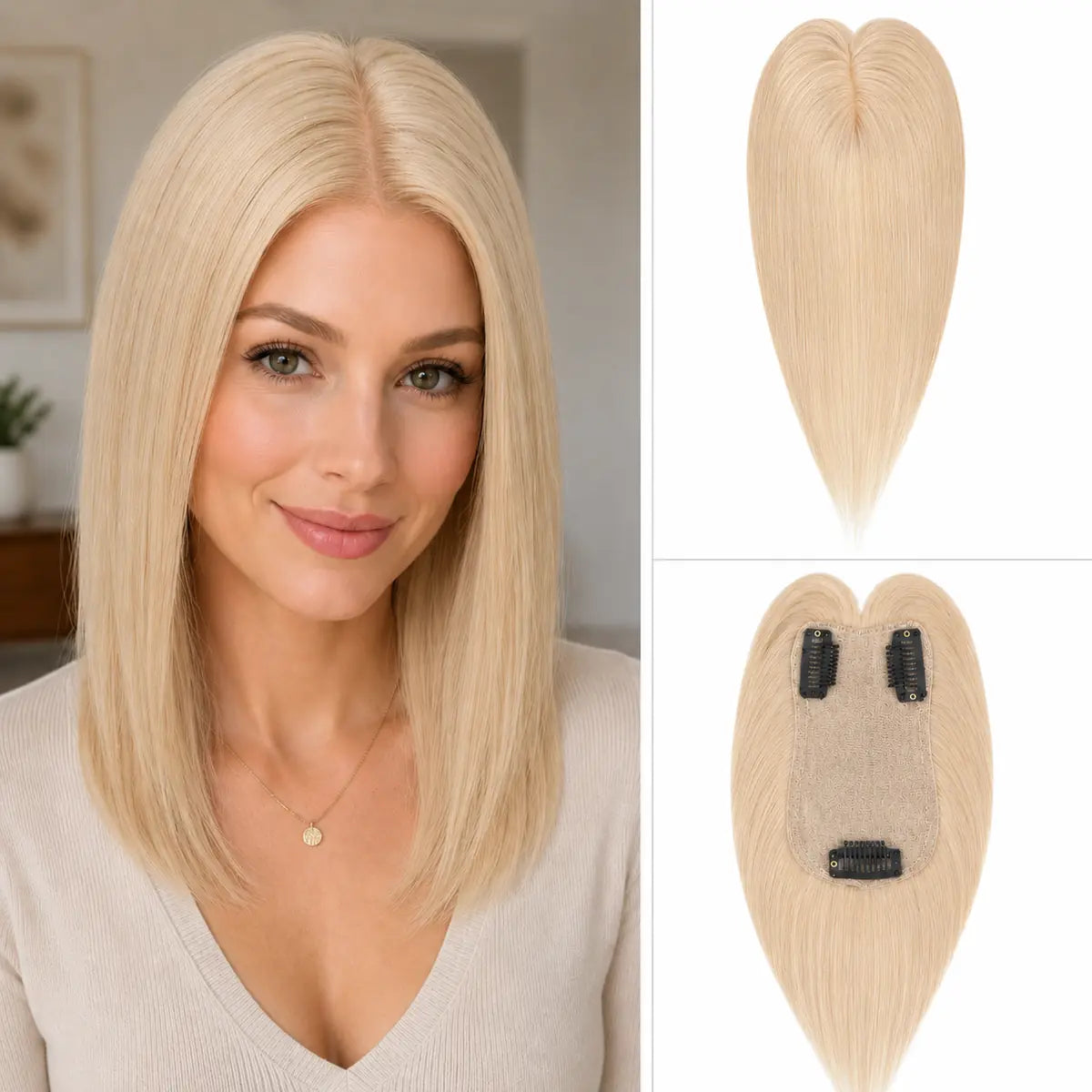 51 warm champagne blonde Remy human hair topper with 7 x 11 cm base and three clips