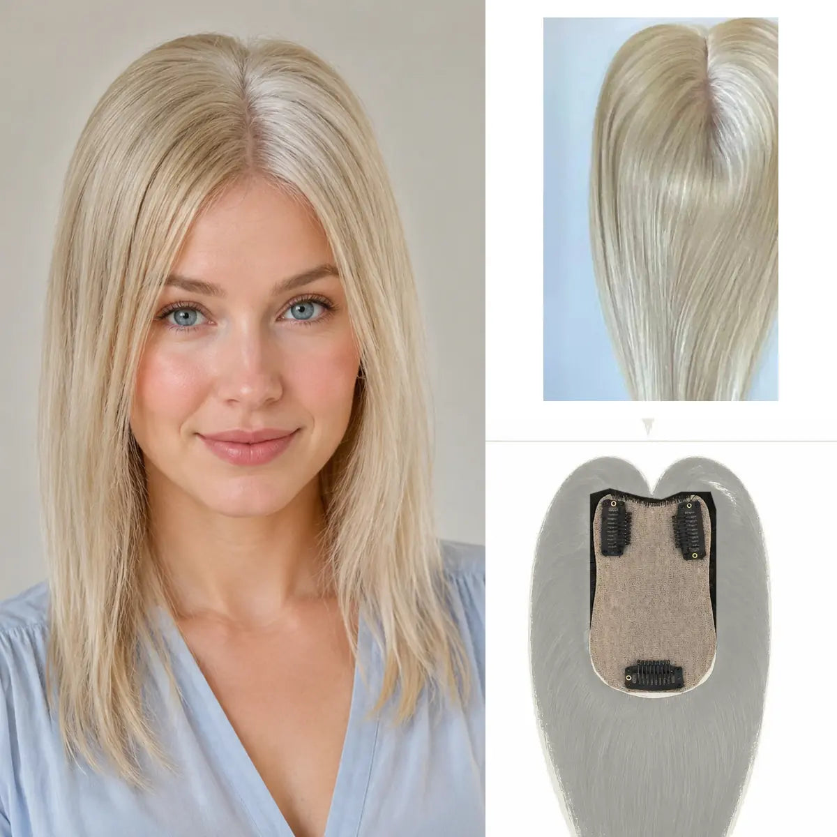 60A cool light blonde Remy human hair topper with 7 x 11 cm base and three clips