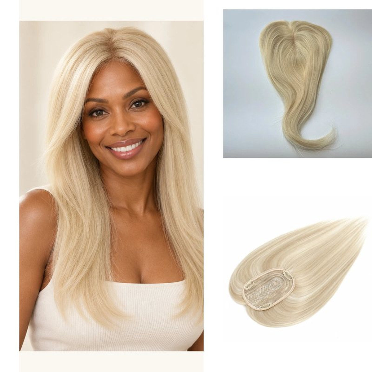 Colour 613 straight human hair topper model view; light base and clips, 12 x 14 cm, 18 inch