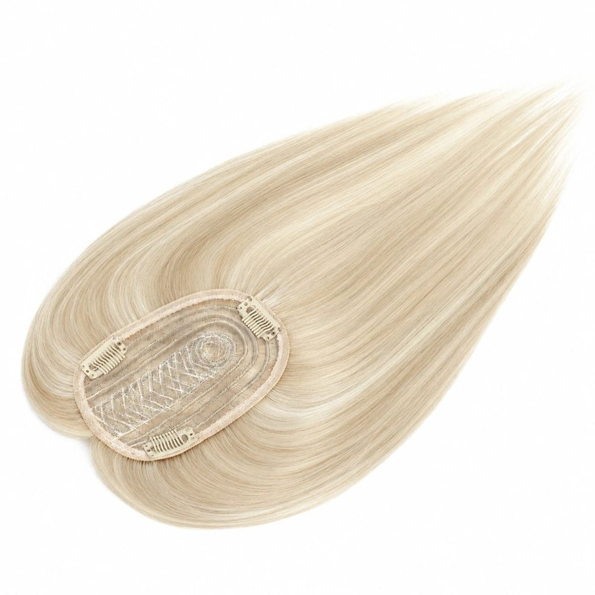 Colour 613 straight human hair topper underside view; light base and clips, 12 x 14 cm, 18 inch