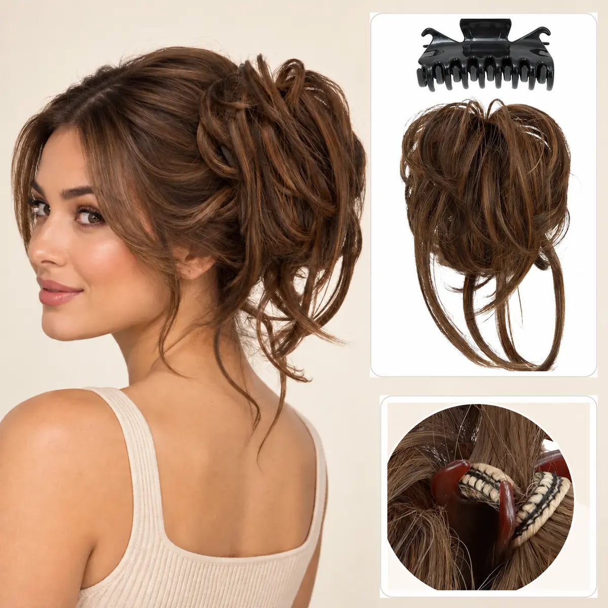 Woman wearing an 8.5-inch Chocolate synthetic messy bun with detachable claw clip and elastic detail
