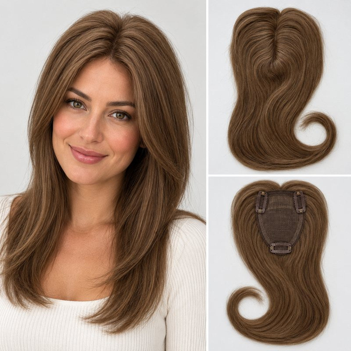 Colour 8 straight human hair topper model and construction composite; shade-specific base and clips; representative 12 x 14 cm, 18 inch