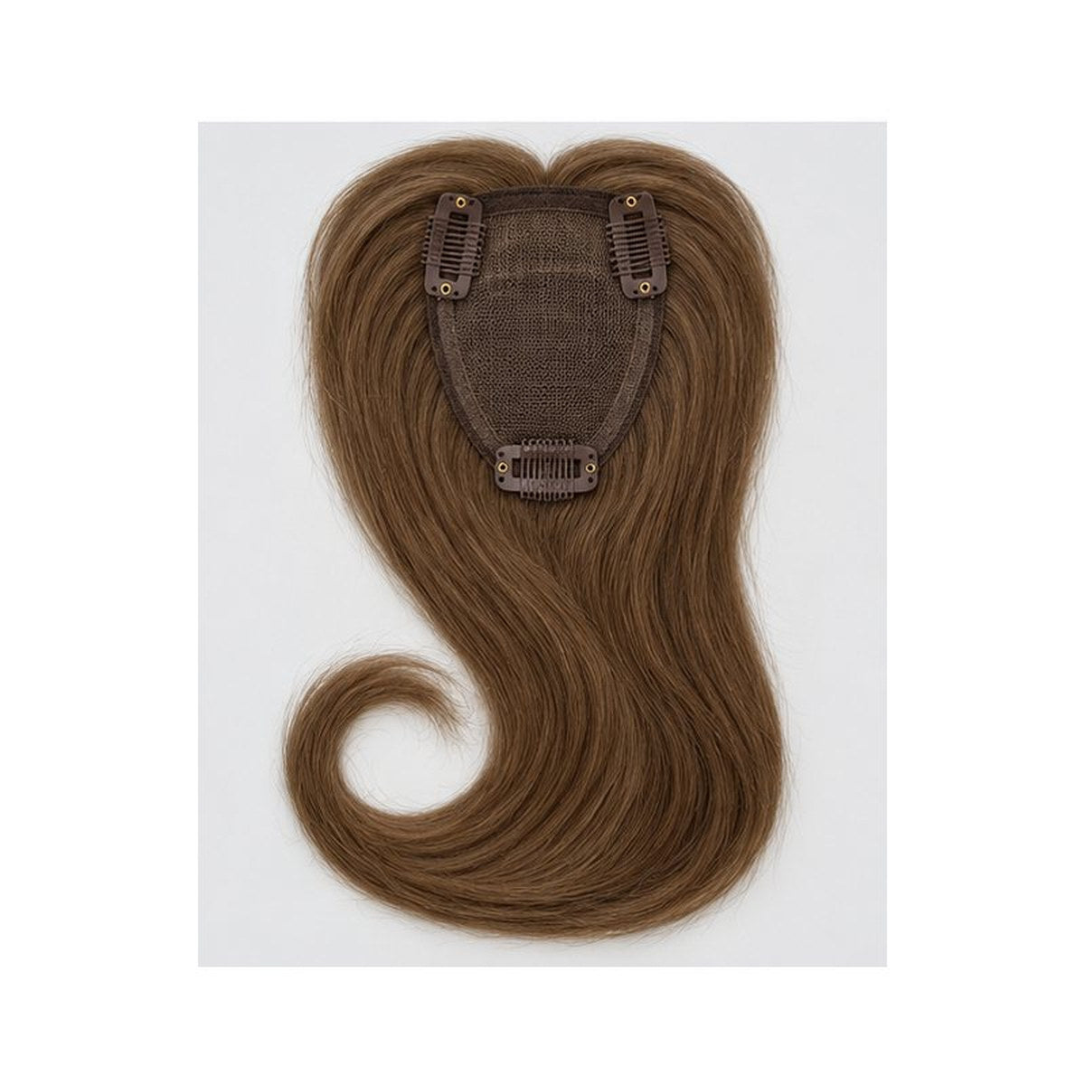 Colour 8 straight human hair topper underside photo; dark base and clips; representative 12 x 14 cm, 18 inch image