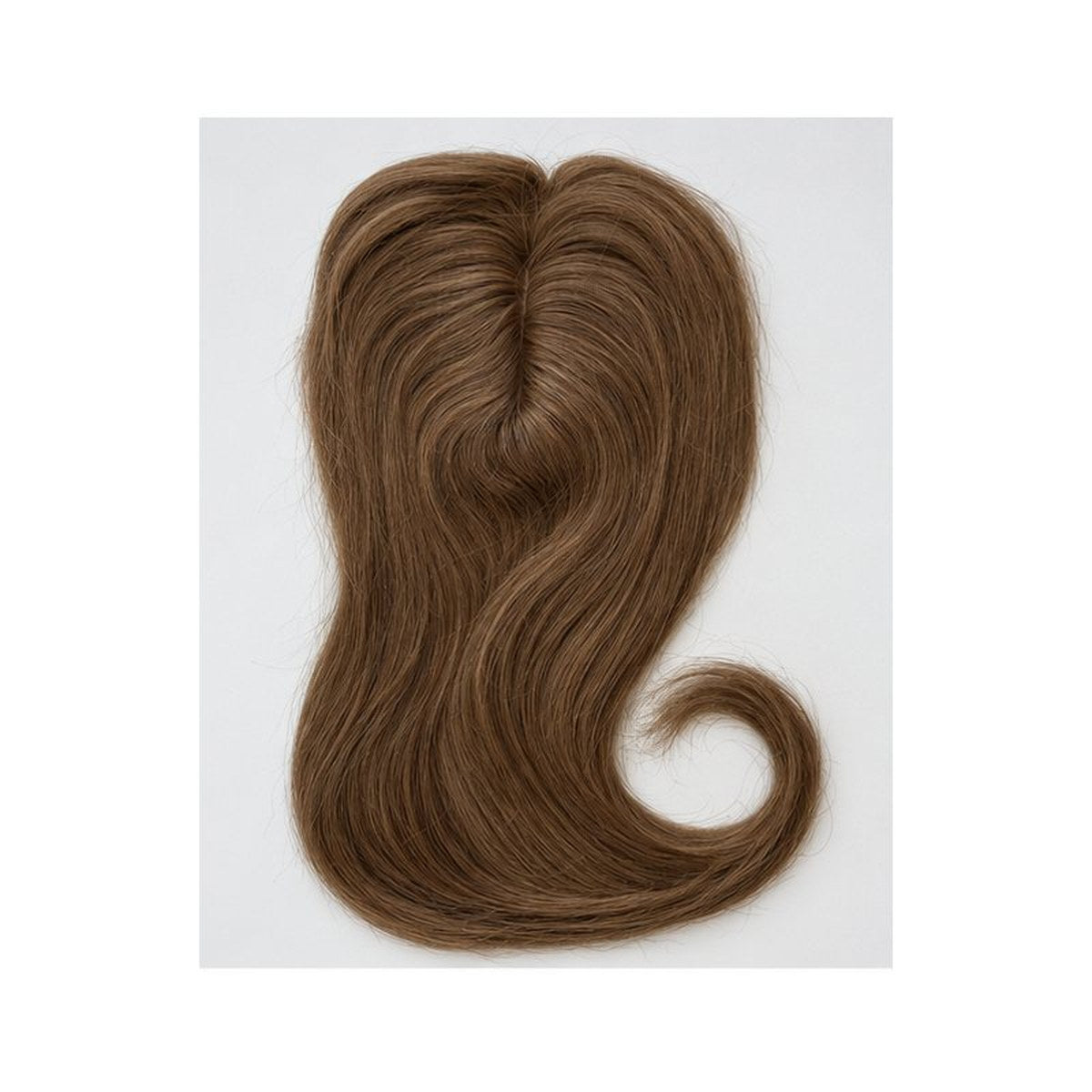 Colour 8 straight human hair topper top-side photo; shade-specific base and clips; representative 12 x 14 cm, 18 inch image