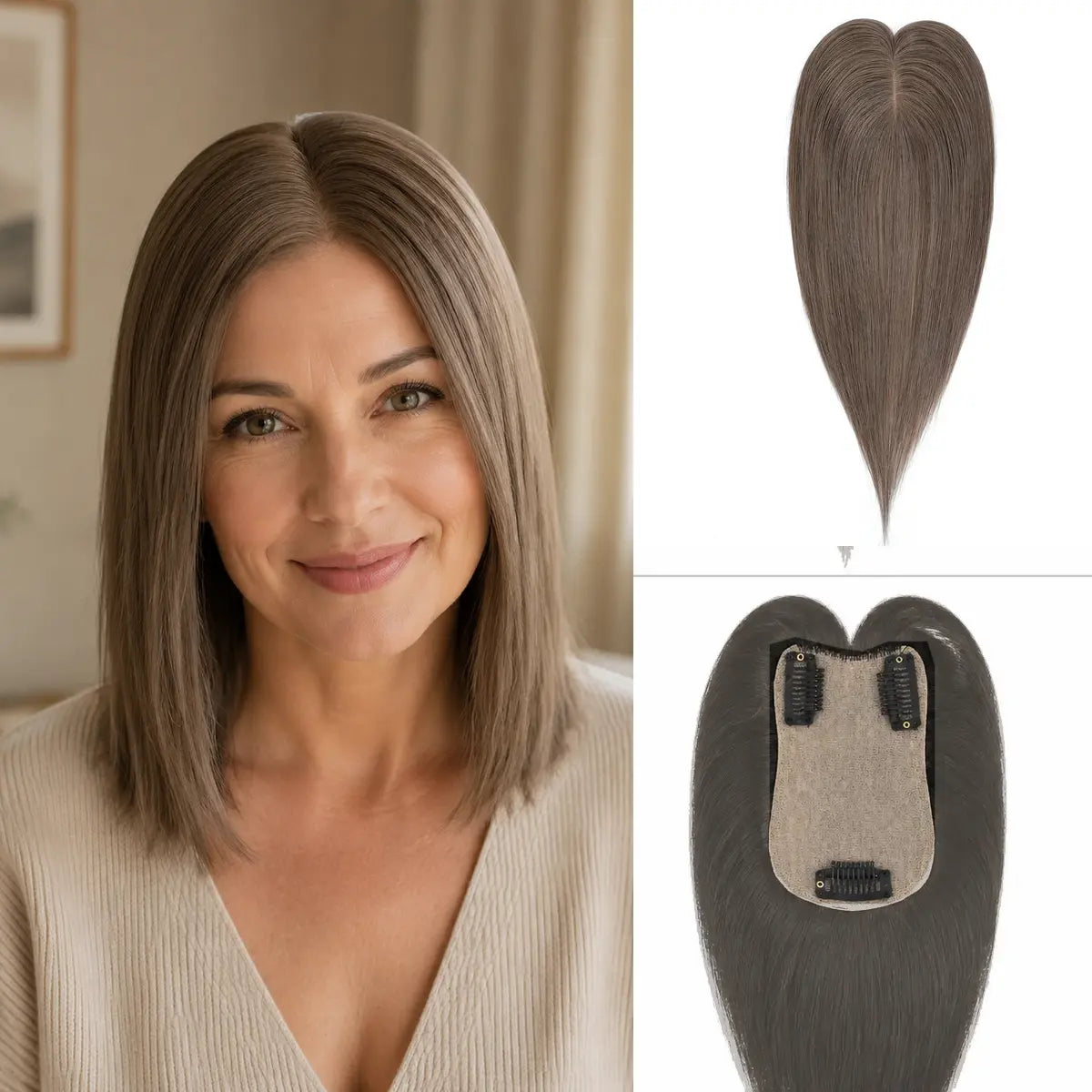 8A cool medium ash brown Remy human hair topper with 7 x 11 cm base and three clips