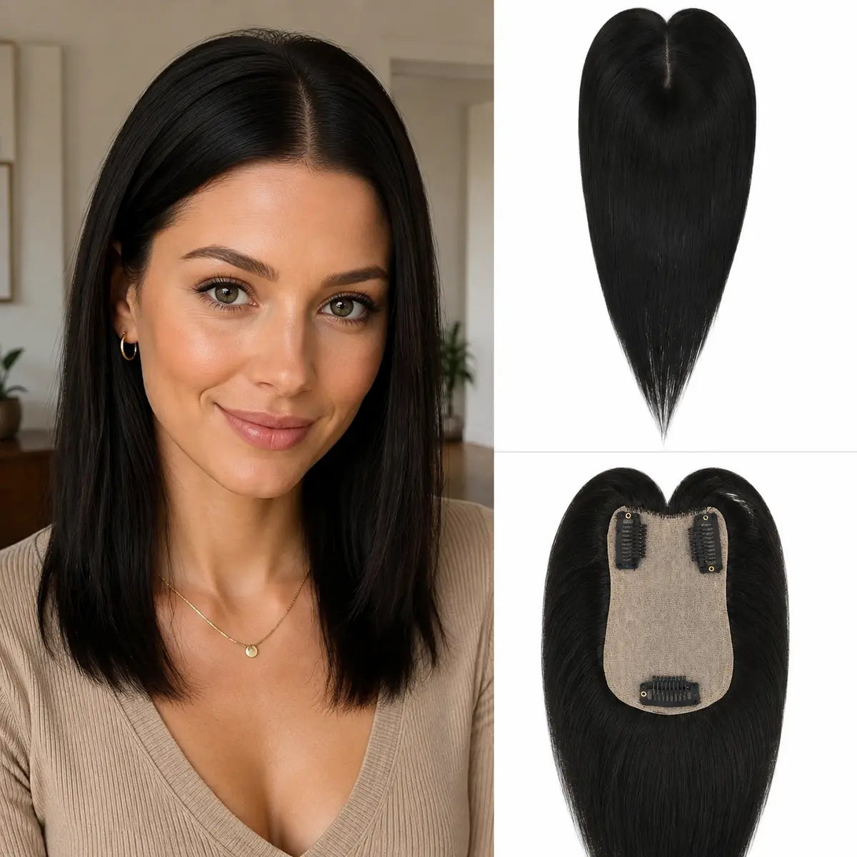 Natural black 1# Remy human hair topper with 7 x 11 cm base and three clips