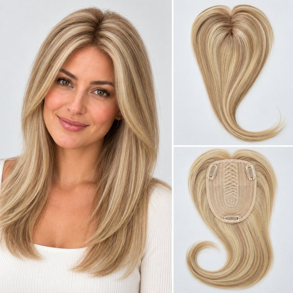 Colour P18-613 straight human hair topper model and construction composite; shade-specific base and clips; representative 12 x 14 cm, 18 inch image