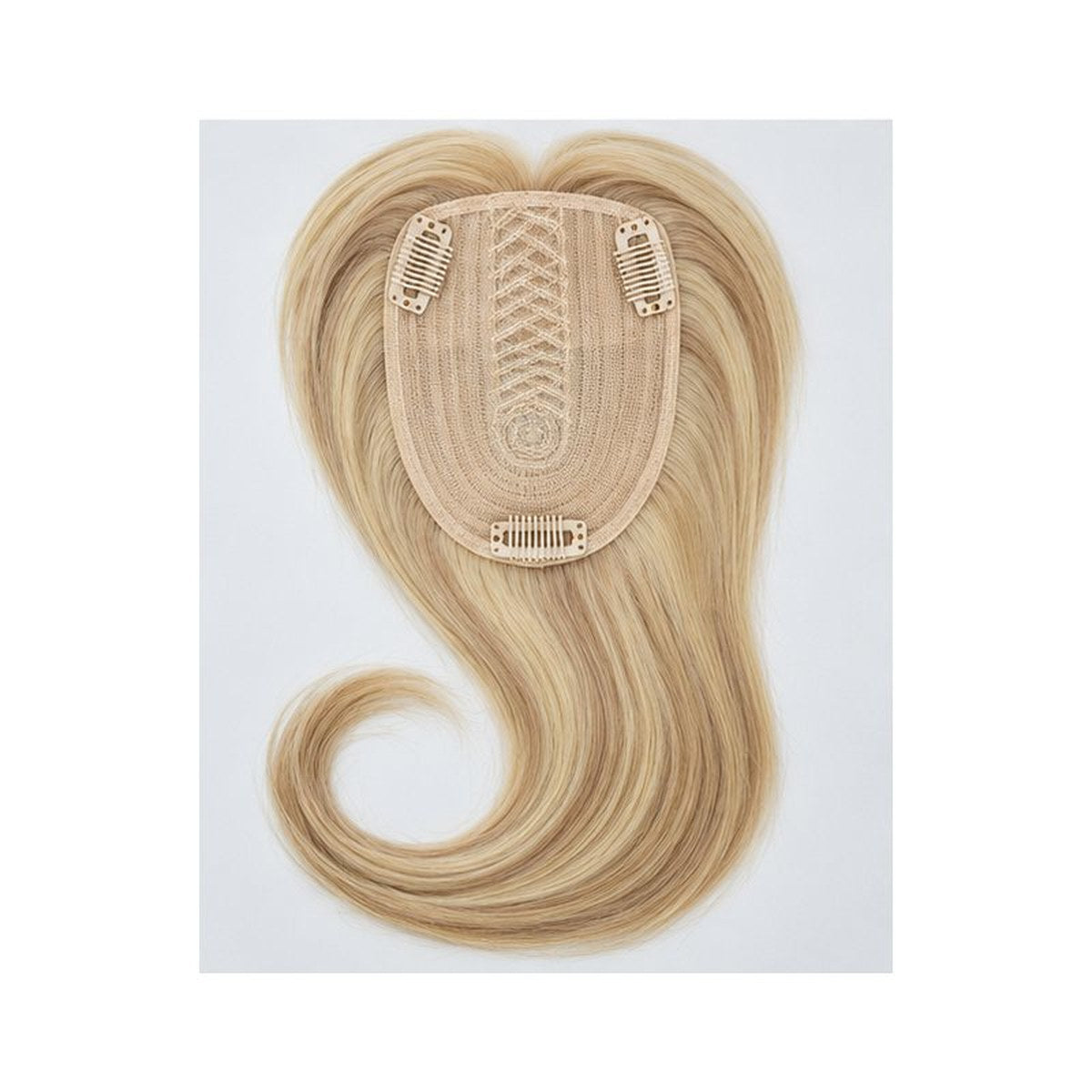 Colour P18-613 straight human hair topper underside photo; shade-specific base and clips; representative 12 x 14 cm, 18 inch image