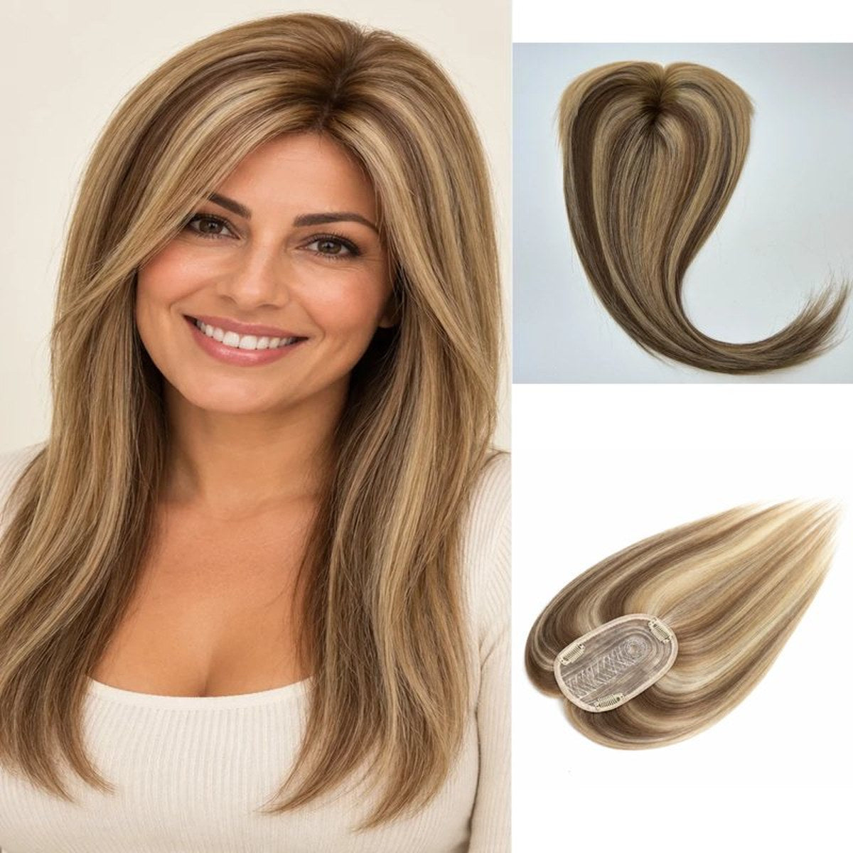 Colour P4-613 straight human hair topper model view; light base and clips, 12 x 14 cm, 18 inch