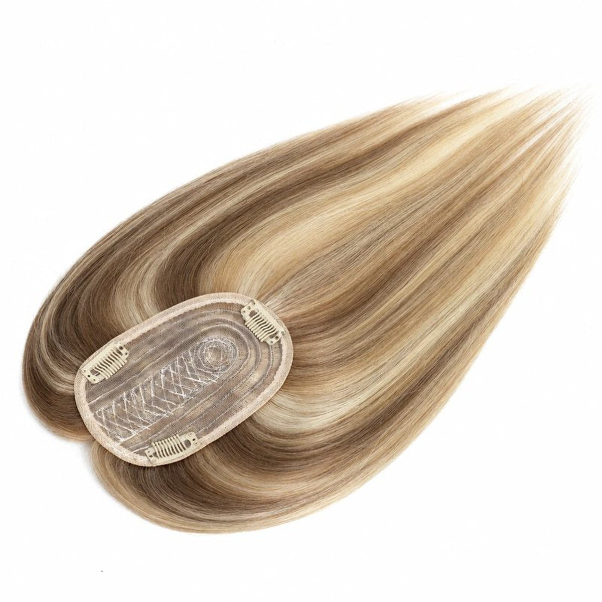 Colour P4-613 straight human hair topper underside view; light base and clips, 12 x 14 cm, 18 inch