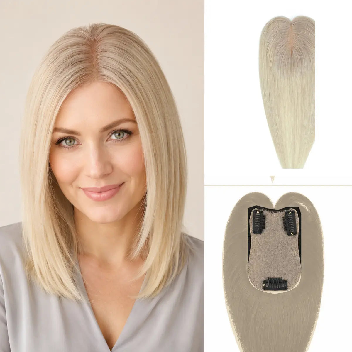 R17-1001 rooted light blonde Remy human hair topper with 7 x 11 cm base and three clips