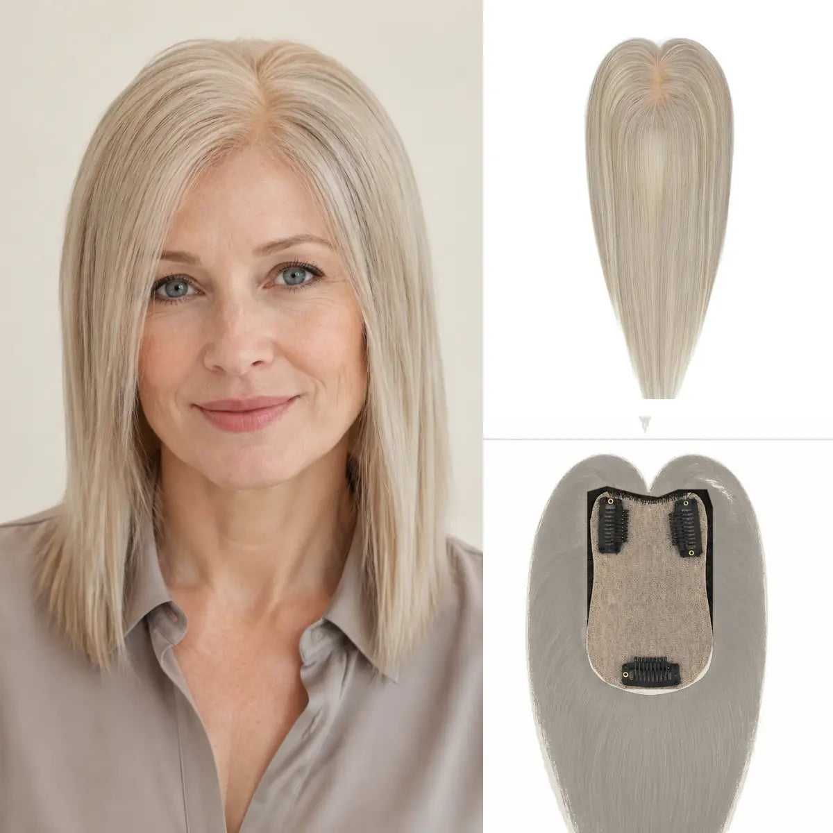 R17-17-1001 cool beige blonde Remy human hair topper with 7 x 11 cm base and three clips