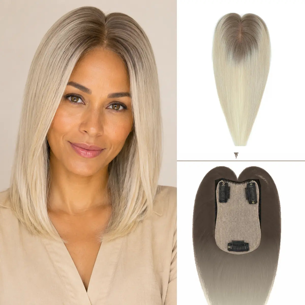 R8-1001 rooted blonde Remy human hair topper with 7 x 11 cm base and three clips