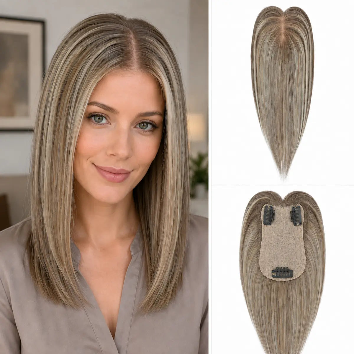 R8A-8A-1001 cool highlighted Remy human hair topper with 7 x 11 cm base and three clips