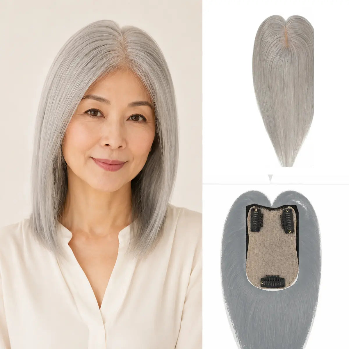 S1 Grey silver grey Remy human hair topper with 7 x 11 cm base and three clips