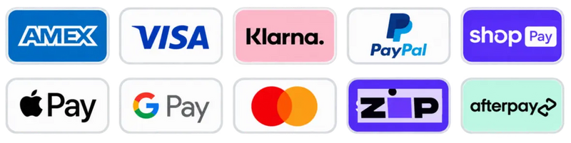 Secure payment options including Afterpay, Zip, PayPal, Klarna, Visa and Mastercard