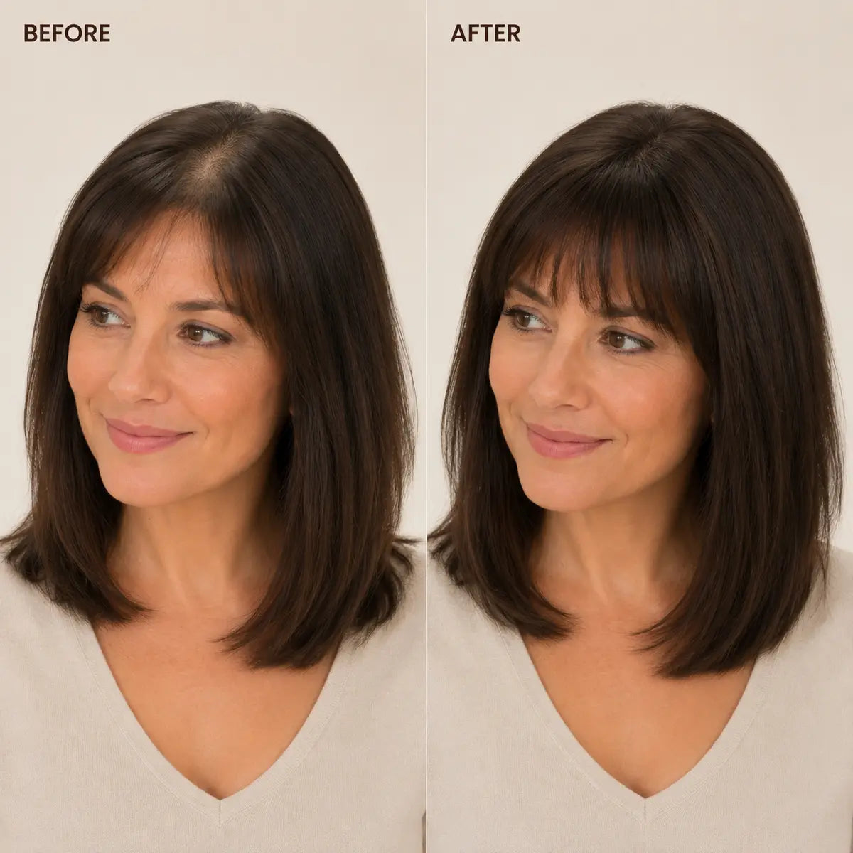Before and after wearing a dark chocolate silk base Remy human hair topper with bangs