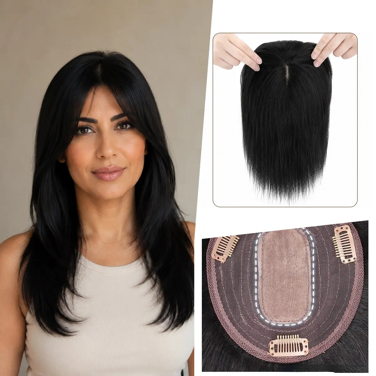 Midnight Onyx silk base Remy human hair topper with bangs, colour 1, 12-inch representative