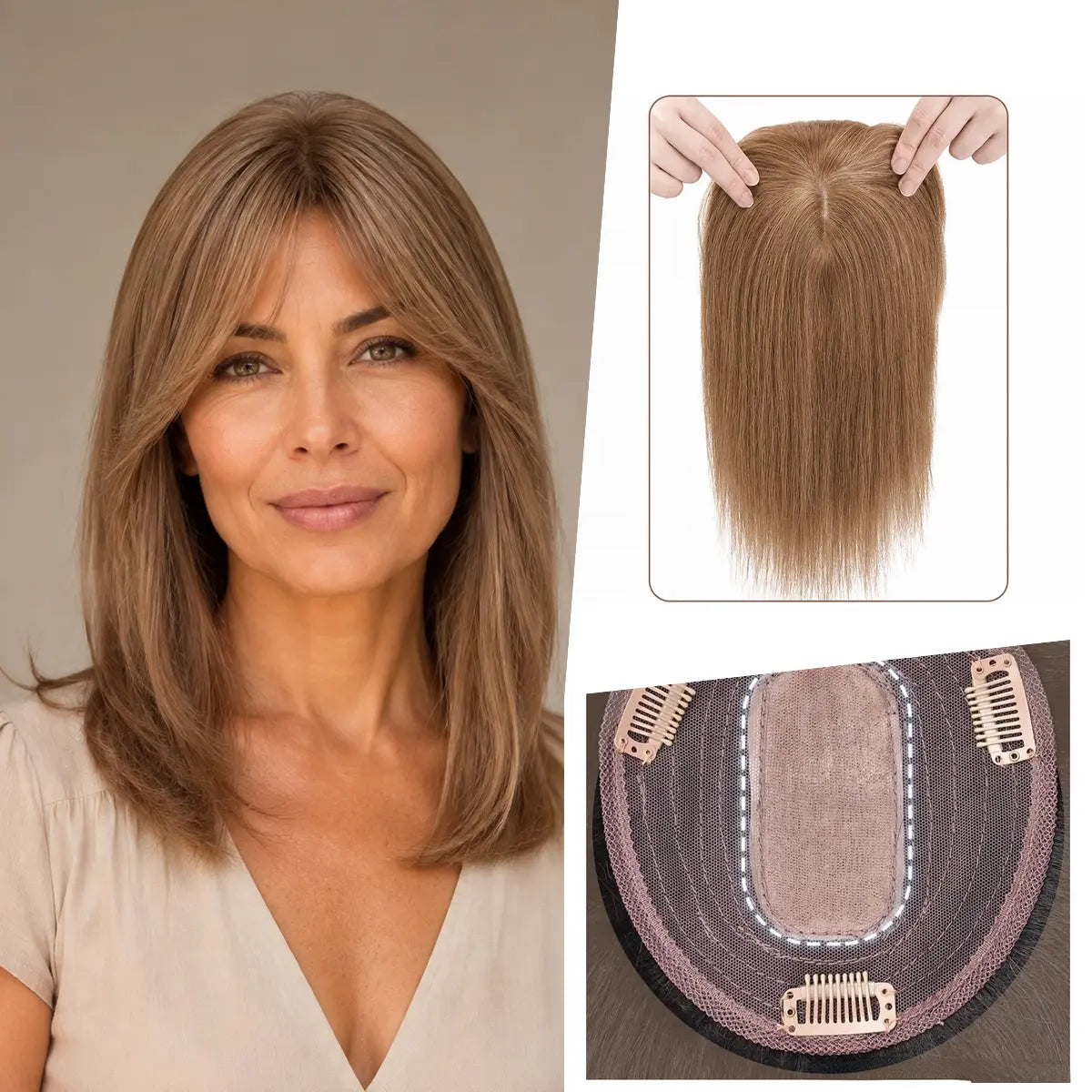 Light Golden Brown silk base Remy human hair topper with bangs, colour 10, 12-inch representative