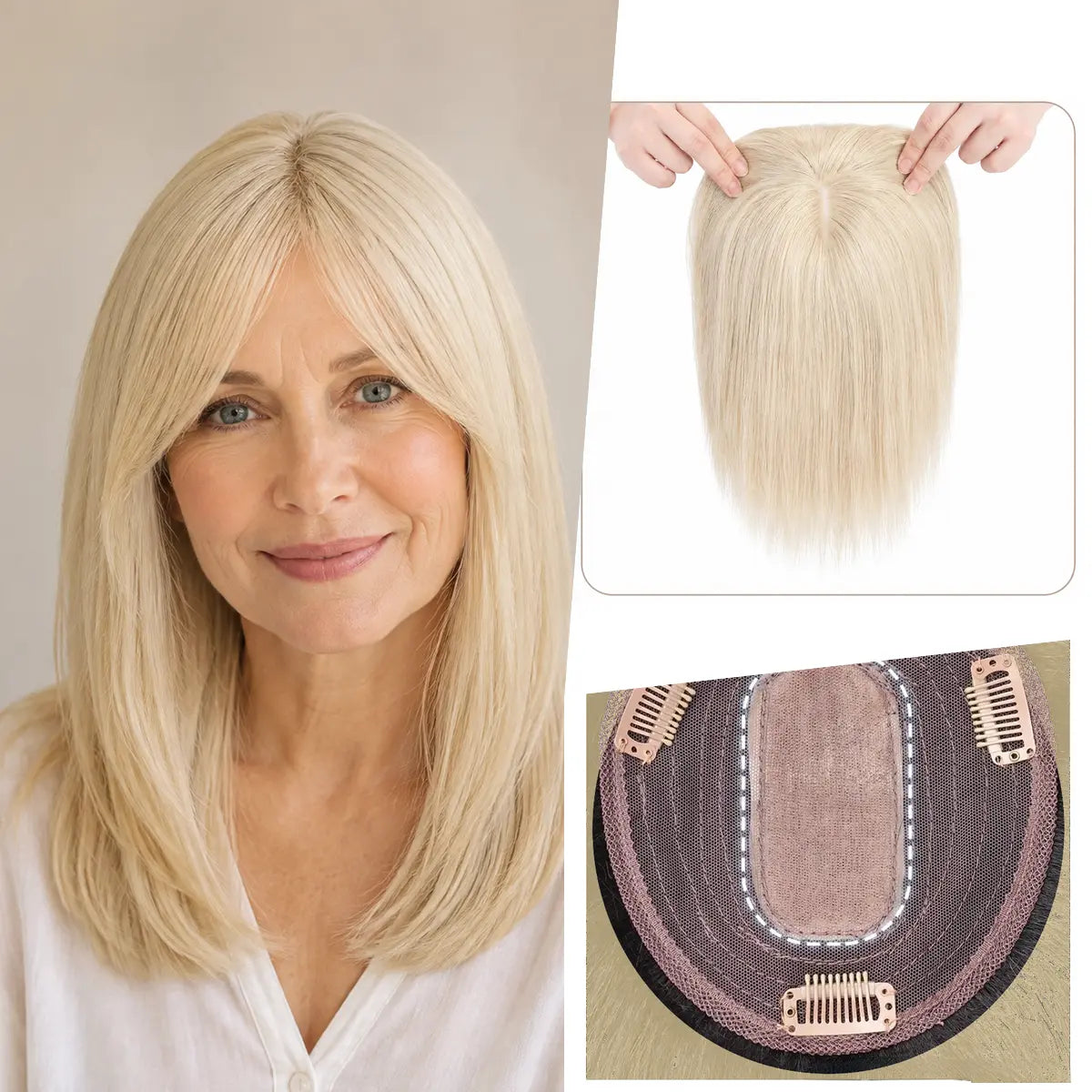 White Blonde / Pale Platinum silk base Remy human hair topper with bangs, colour 1001, 12-inch representative