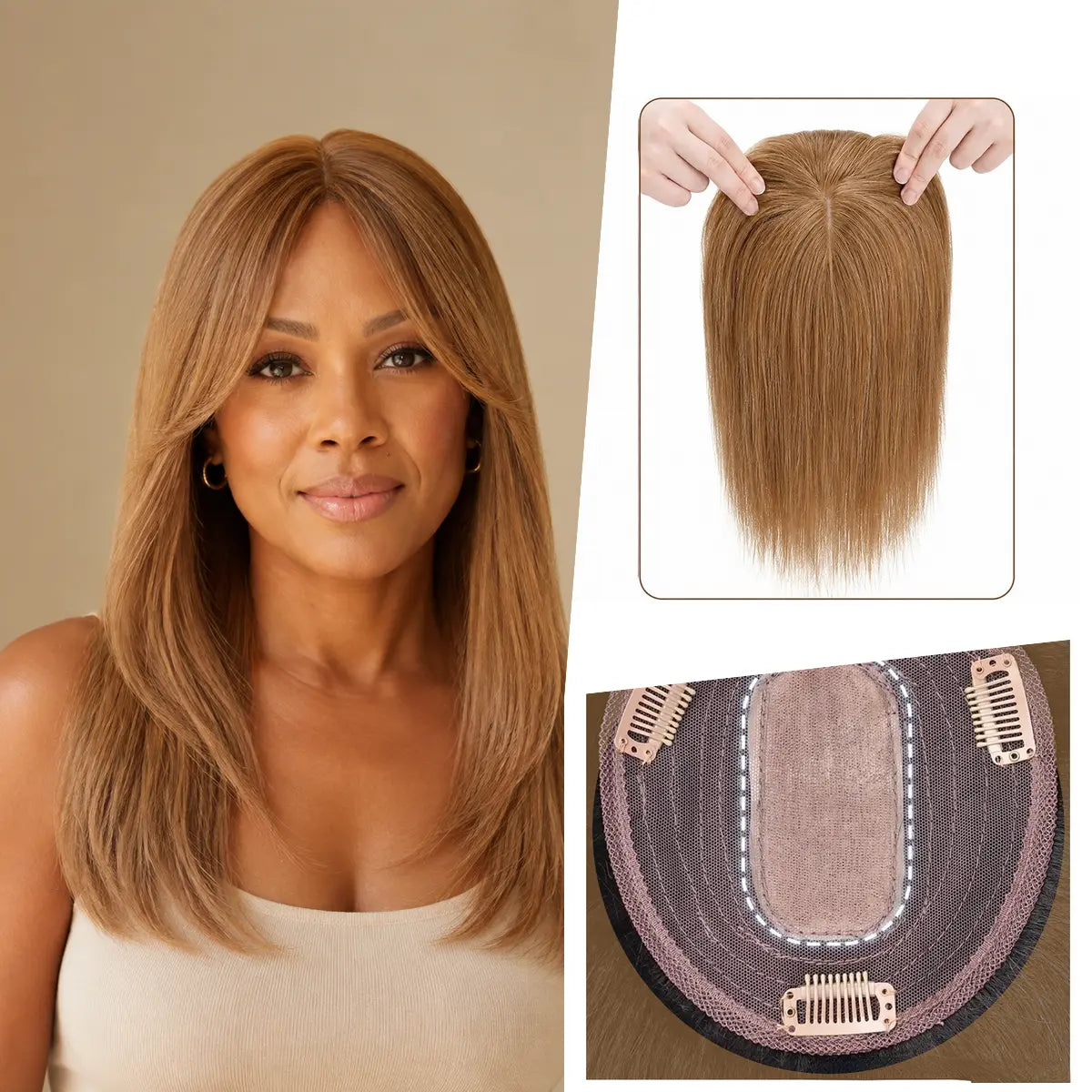 Warm Medium Golden Brown silk base Remy human hair topper with bangs, colour 12, 12-inch representative