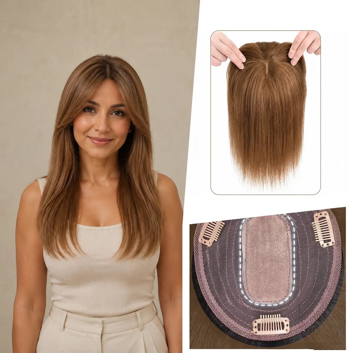 Golden Caramel Brown silk base Remy human hair topper with bangs, colour 14, 12-inch representative