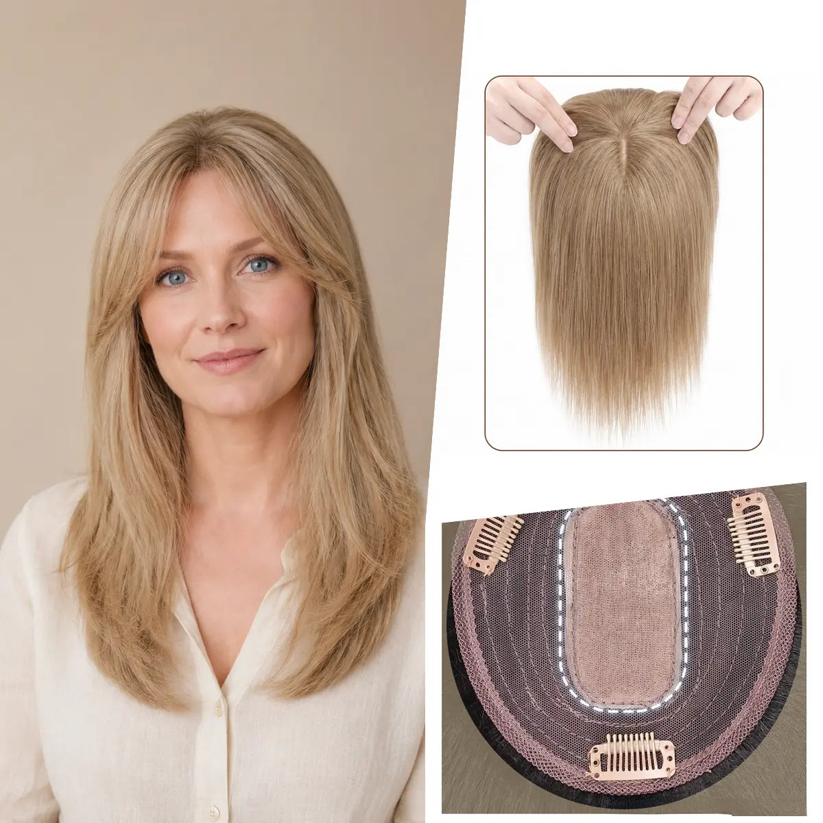 Honey Sand Blonde silk base Remy human hair topper with bangs, colour 16, 12-inch representative