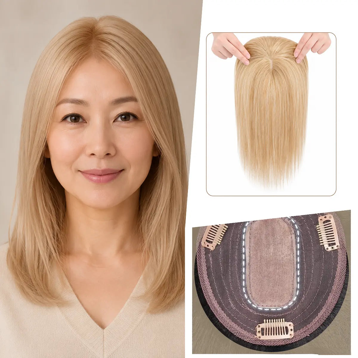 Champagne Blonde silk base Remy human hair topper with bangs, colour 18, 12-inch representative