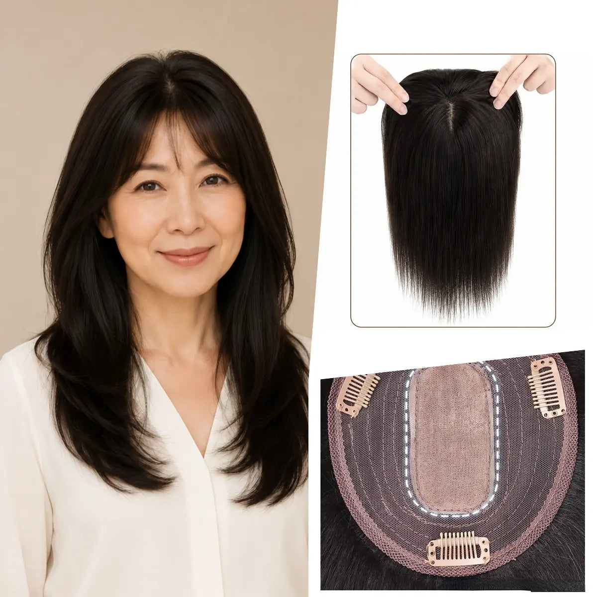 Natural Espresso silk base Remy human hair topper with bangs, colour 1B, 12-inch representative