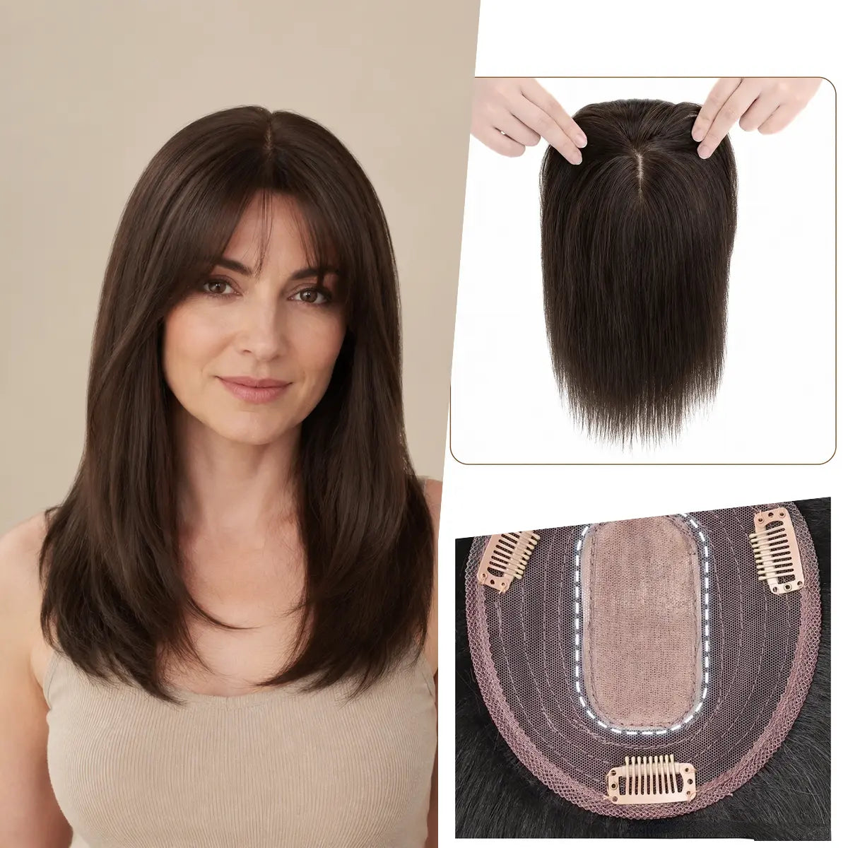 Dark Chocolate silk base Remy human hair topper with bangs, colour 2, 12-inch representative