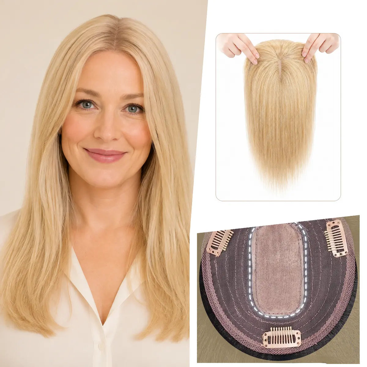 Pale Vanilla Blonde silk base Remy human hair topper with bangs, colour 22, 12-inch representative