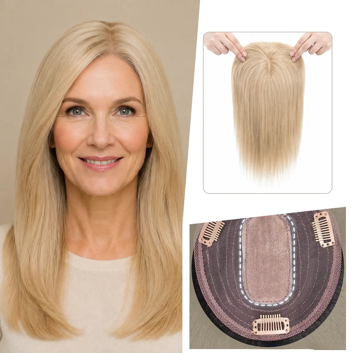 Luminous Golden Blonde silk base Remy human hair topper with bangs, colour 24, 12-inch representative