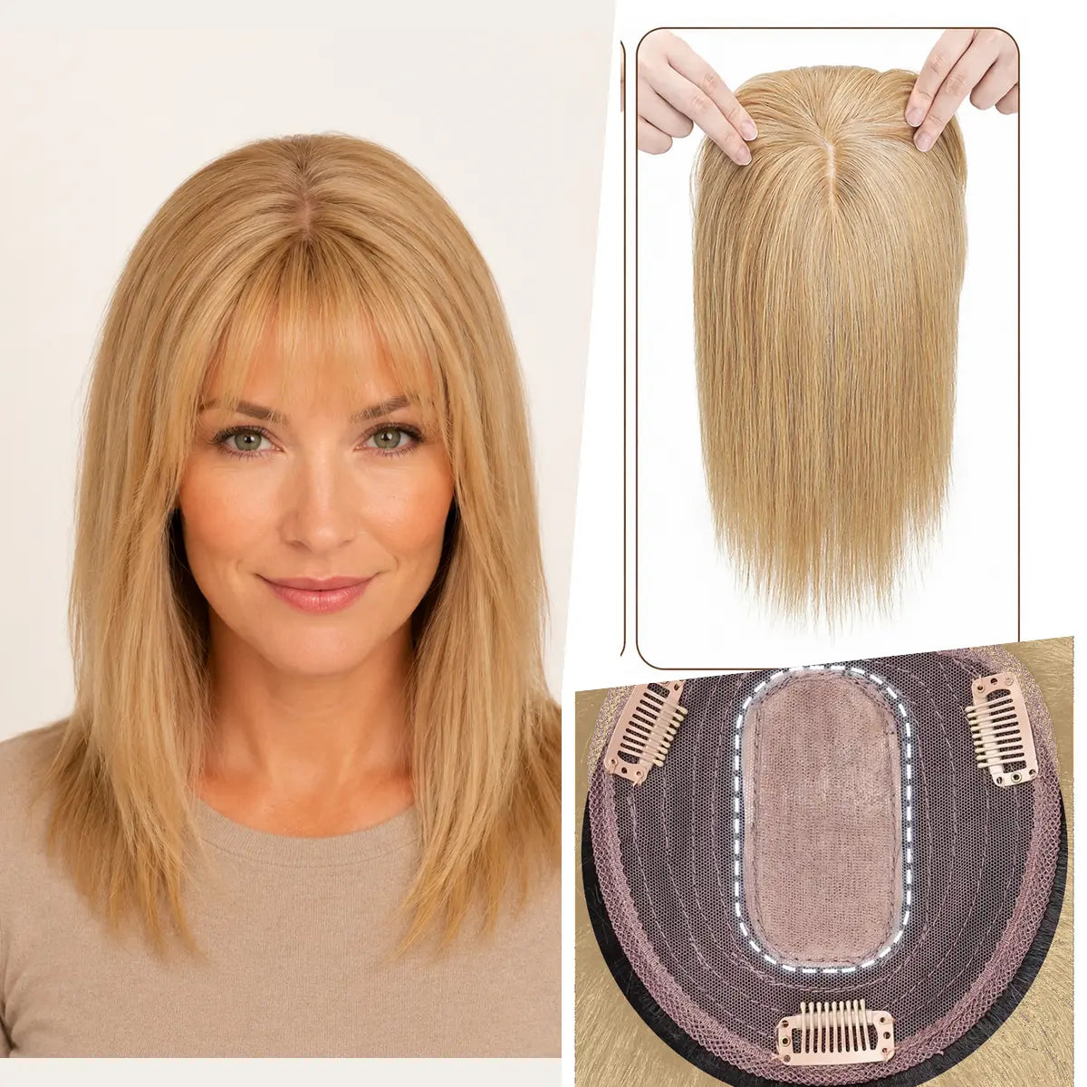 Honey Ginger silk base Remy human hair topper with bangs, colour 27, 12-inch representative