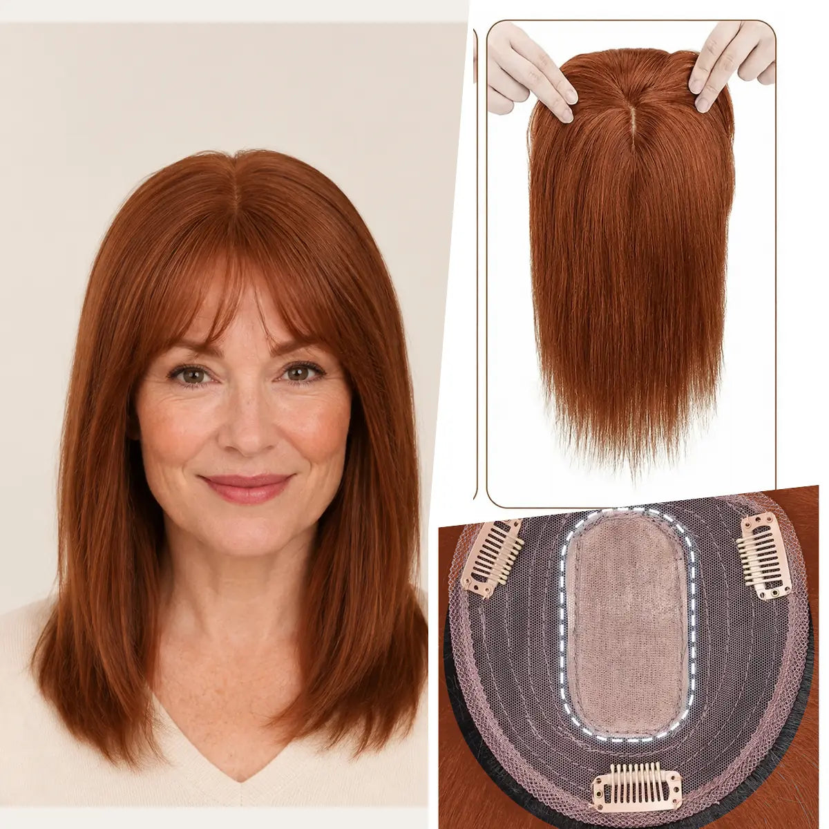 Copper Sunset silk base Remy human hair topper with bangs, colour 30, 12-inch representative