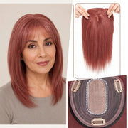 Dark Auburn Red silk base Remy human hair topper with bangs, colour 33, 12-inch representative