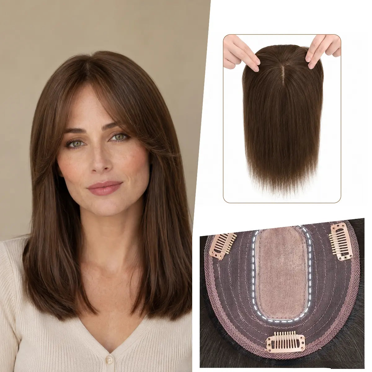 Roasted Chestnut silk base Remy human hair topper with bangs, colour 4, 12-inch representative