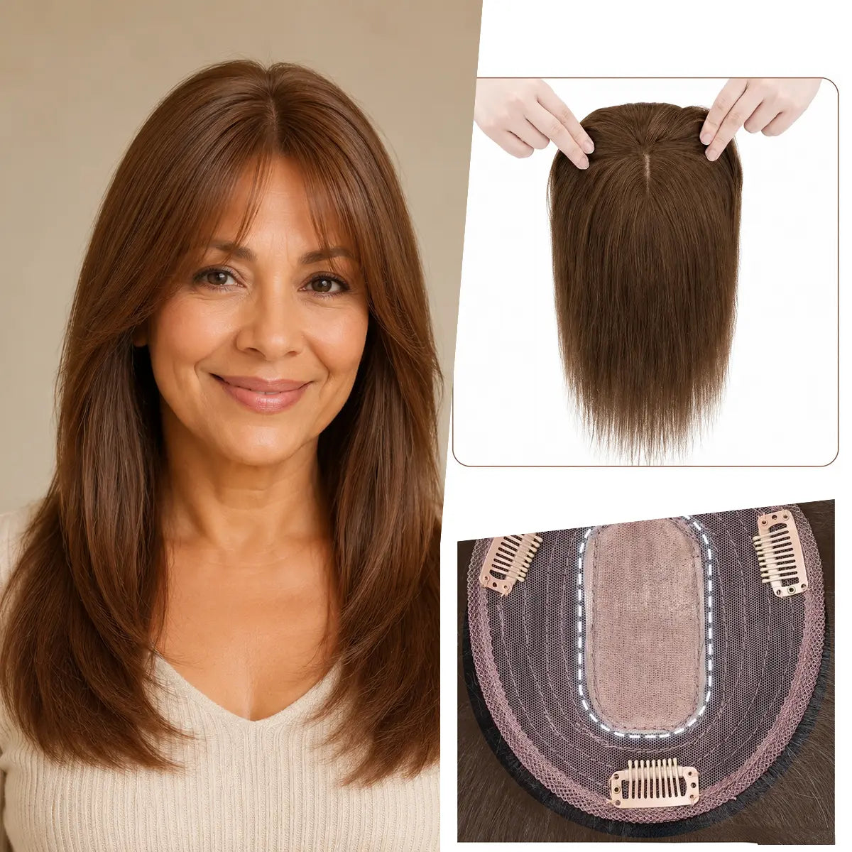Natural Medium Brown silk base Remy human hair topper with bangs, colour 6, 12-inch representative