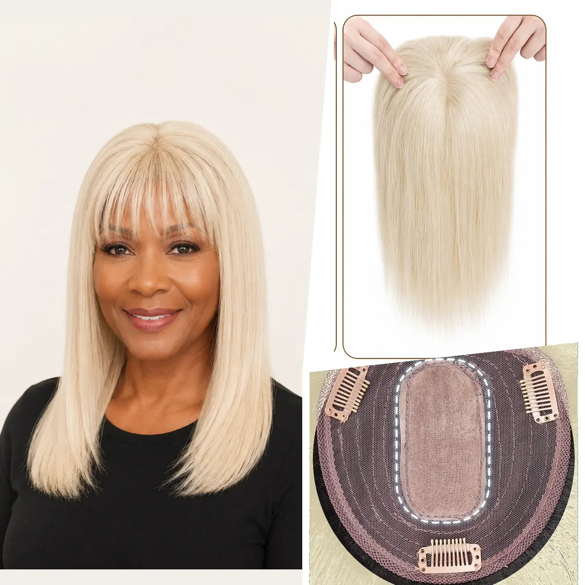 Icy Platinum Blonde silk base Remy human hair topper with bangs, colour 60, 12-inch representative