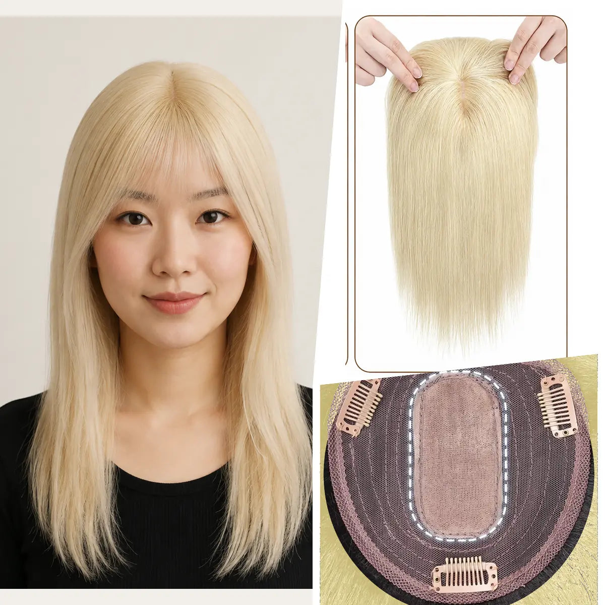 Soft Golden Champagne Blonde silk base Remy human hair topper with bangs, colour 613, 12-inch representative