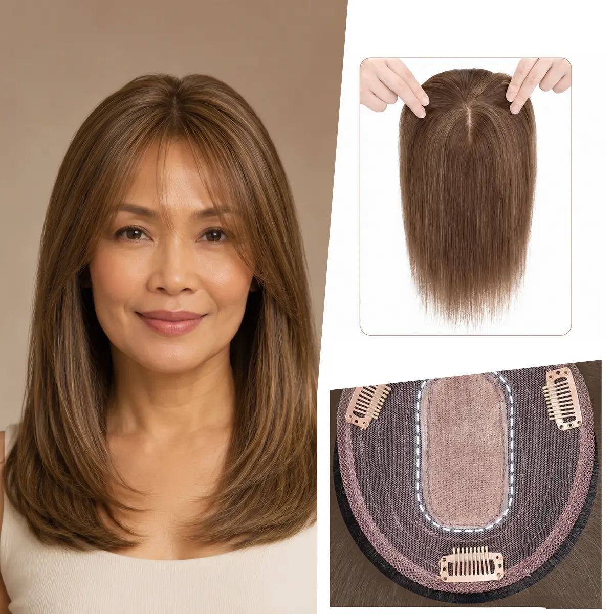 Ash Mocha silk base Remy human hair topper with bangs, colour 8, 12-inch representative