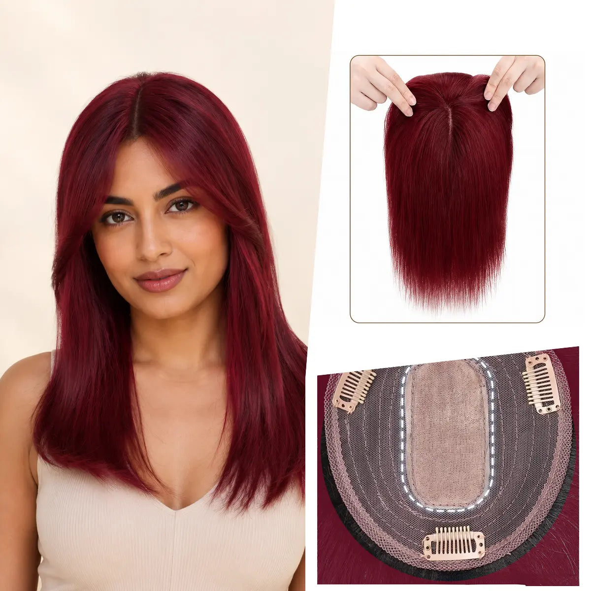 Vivid Copper Auburn silk base Remy human hair topper with bangs, colour Bug, 12-inch representative