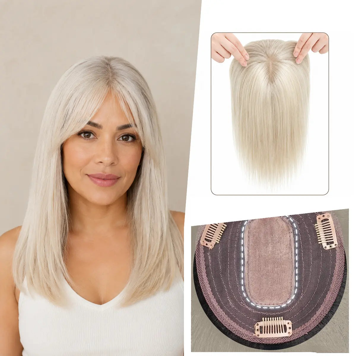 Light Ash Blonde & Pale Platinum Piano silk base Remy human hair topper with bangs, colour P18-1001, 12-inch representative