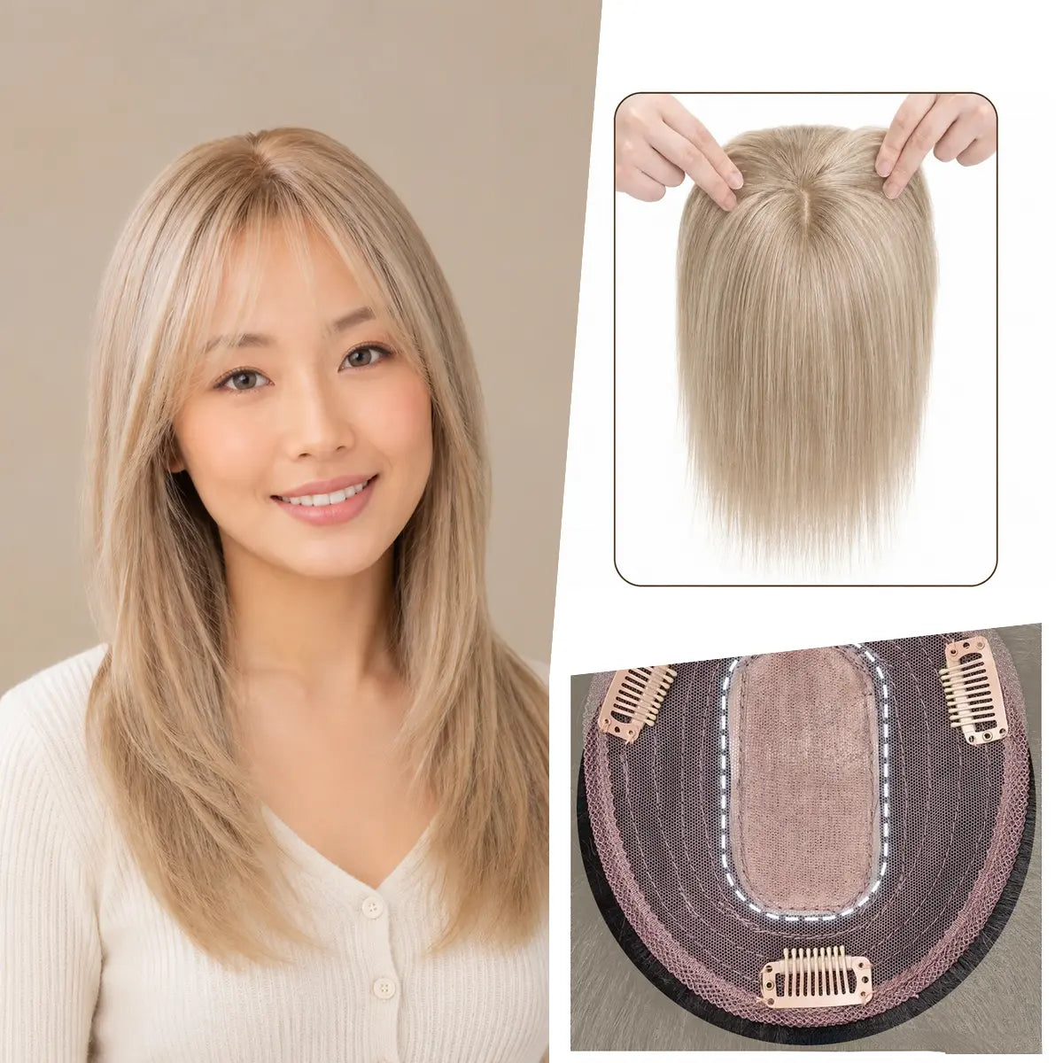 Ash & Platinum Piano silk base Remy human hair topper with bangs, colour P18-613, 12-inch representative